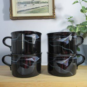 4 Tempered Glass Mugs Galleria FK701 Opus - Black Calla Flowers by Mikasa Japan